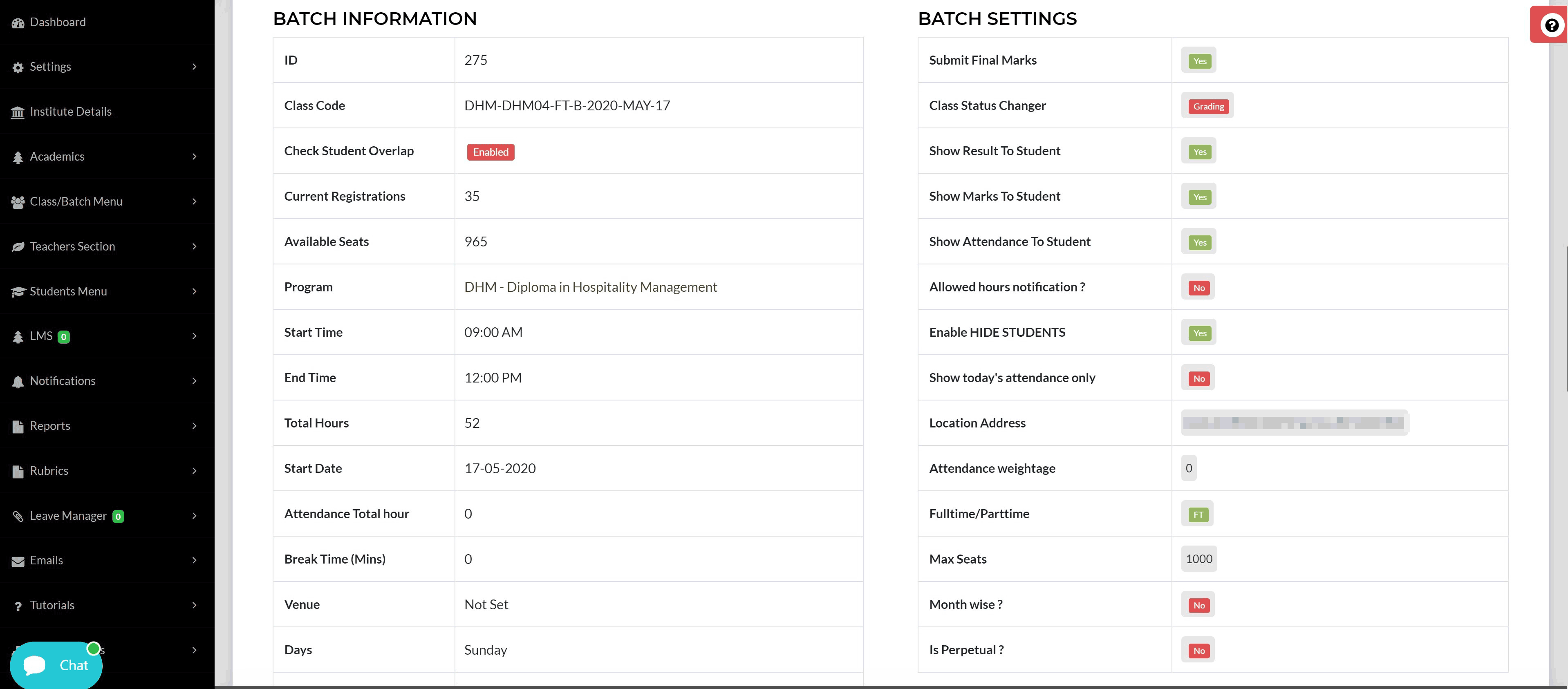 Class & batch settings